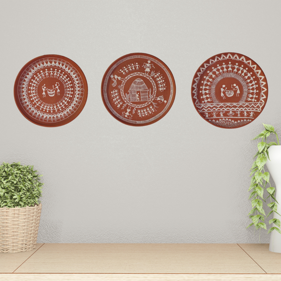 Varnika-Terracotta-Warli-Wall-Plate-–-10-inch-Set-of-3