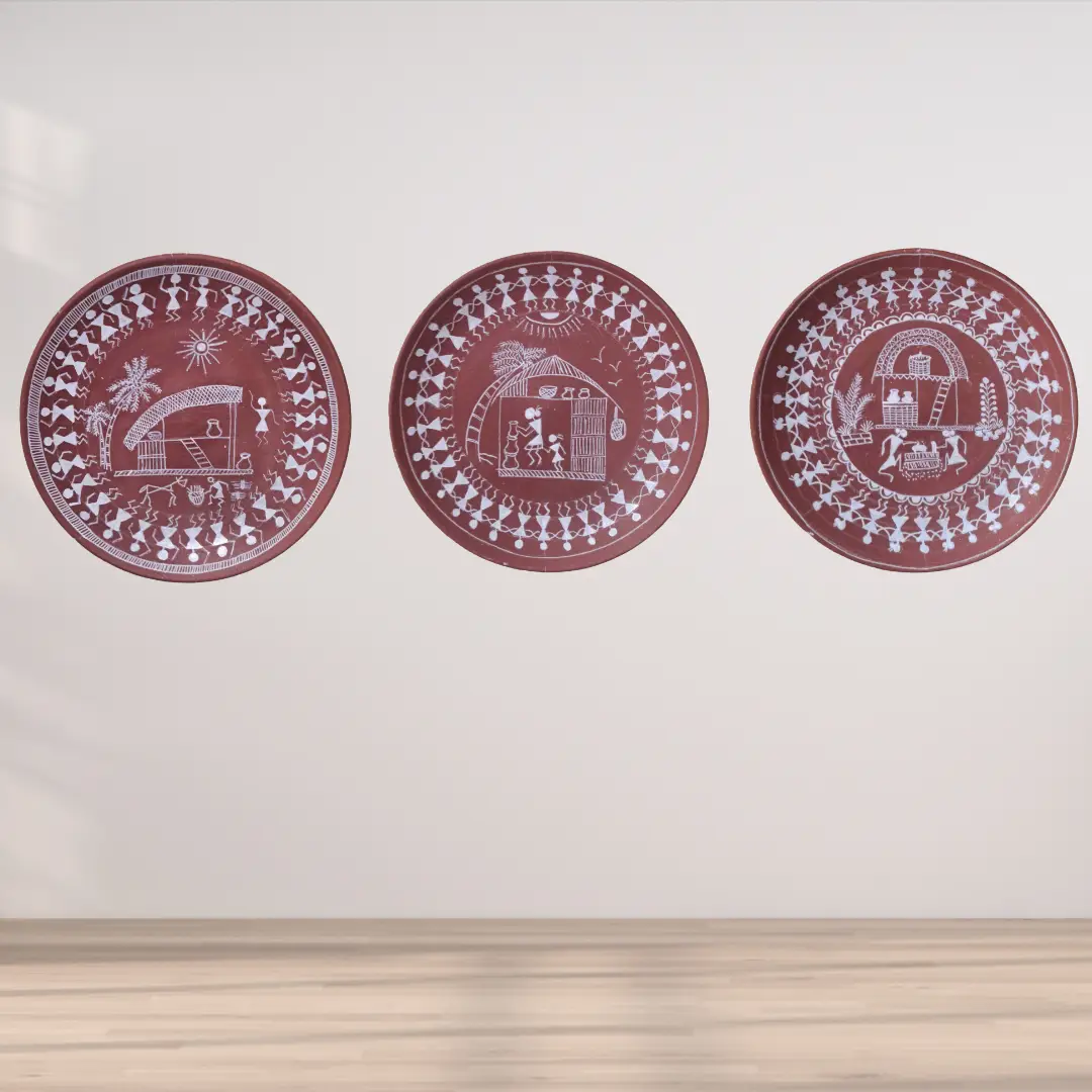 Varnika Terracotta Warli Wall Plates - 8 inch (Set of 3)