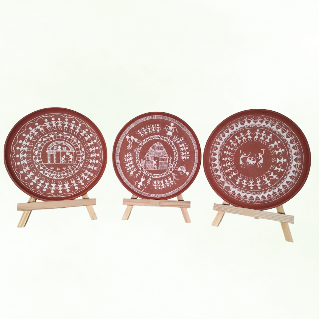 Varnika Terracotta Warli Wall Plates (Set of 3)